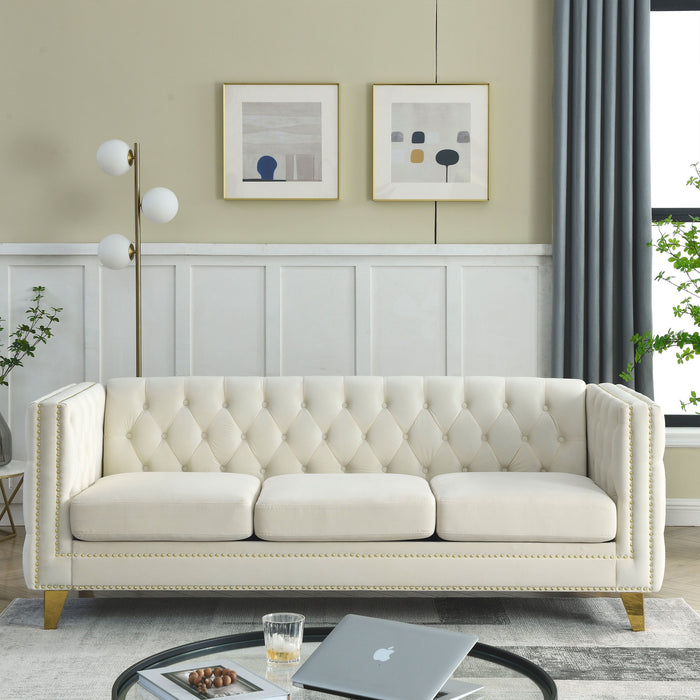 Velvet Sofa For Living Room, Buttons Tufted Square Arm Couch, Modern Couch Upholstered Button And Metal Legs, Sofa Couch For Bedroom, Beige Velvet, 2 Pieces