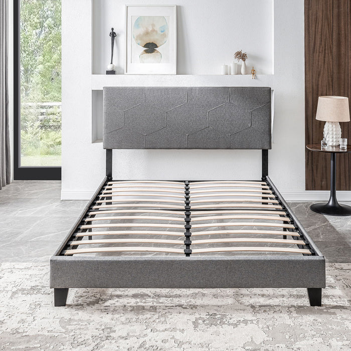 Queen Size Upholstered Platform Bed Frame, Wood Slat Support - Gray
