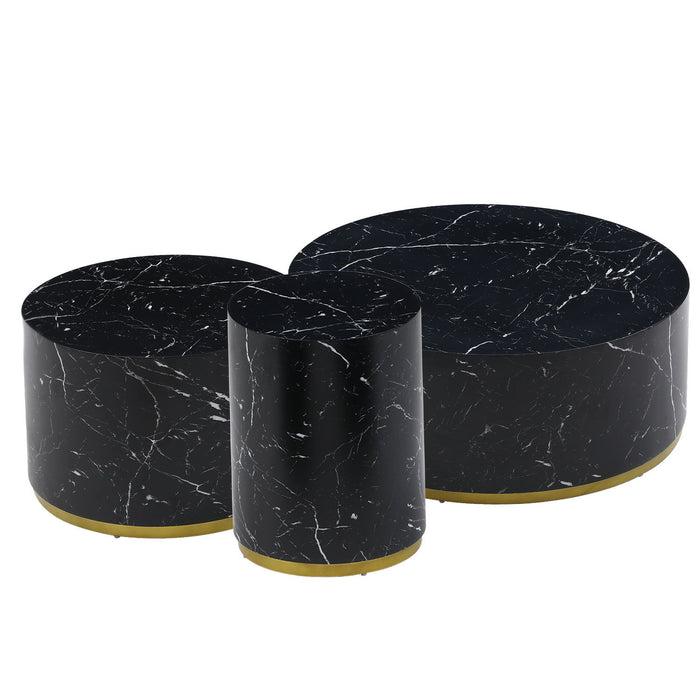 (Set of 3) Black Marble Pattern Round Coffee Table Side Table End Table Set For Living Room Fully Assembled