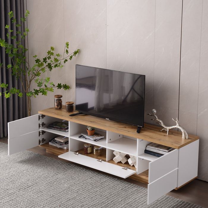 Modern TV Stand For TVs Up To 80'', Media Console With Multi-Functional Storage, Entertainment Center With Door Rebound Device, TV Cabinet For Living Room, Bedroom - White / Natural