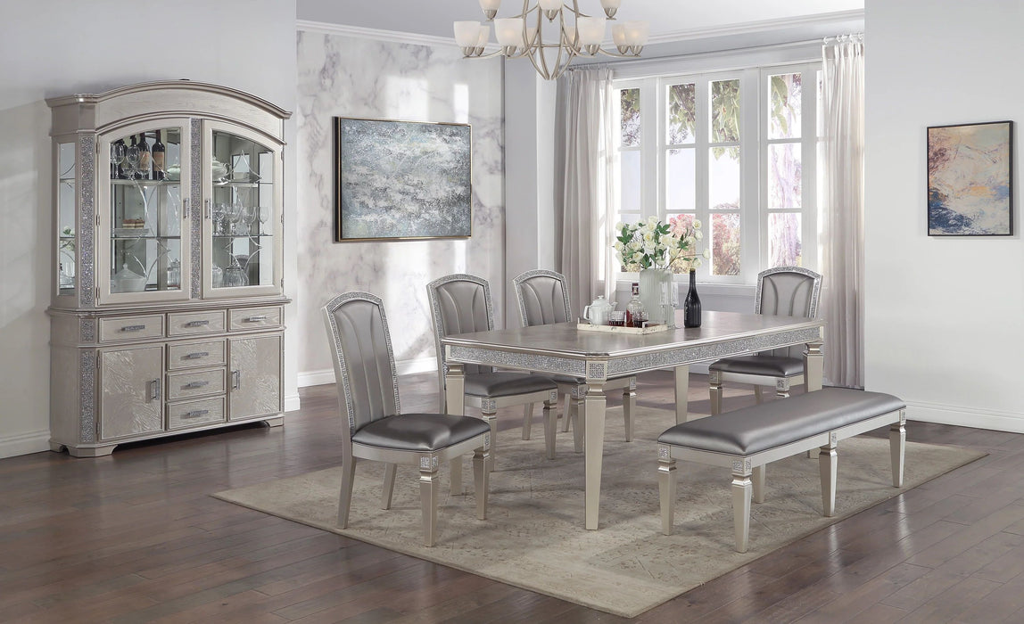 Luxury Formal Glam Style 6 Pieces Dining Set 18" Extendable Leaf Table Upholstered Chair Bench Sparkling Accents Silver Champagne Finish Dining Room Furniture