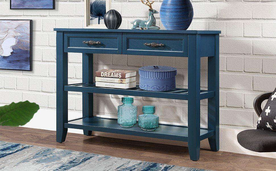 Console Sofa Table With 2 Storage Drawers And 2 Tiers Shelves, Mid-Century Style 42'' Solid Wood Buffet Sideboard For Living Room Furniture Kitchen Dining Room Entryway Hallway, Navy Blue