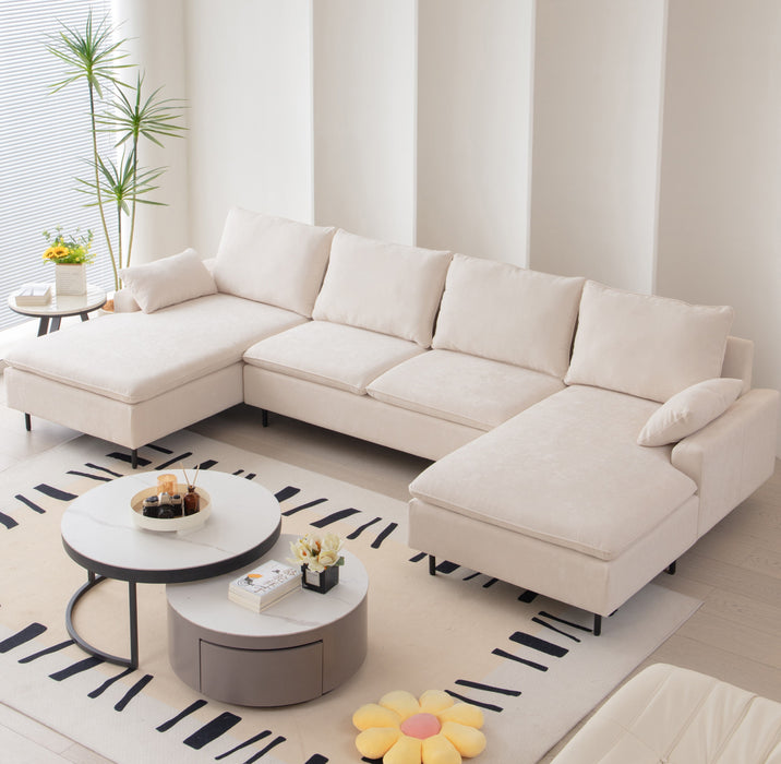 U-Shaped Linen Sectional Sofa With Double Chaises - Beige