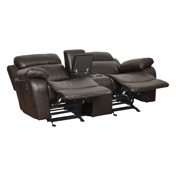 Double Glider Reclining Love Seat With Center Console Brown Faux Leather Upholstered Contemporary Living Room Furniture