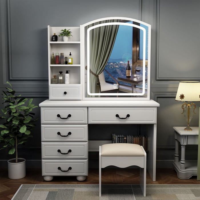 Fashion Vanity Desk With Mirror And Lights For Makeup, Vanity Mirror With Lights And Table Set With 3 Color Lighting Brightness Adjustable, 6 Drawers, White Color