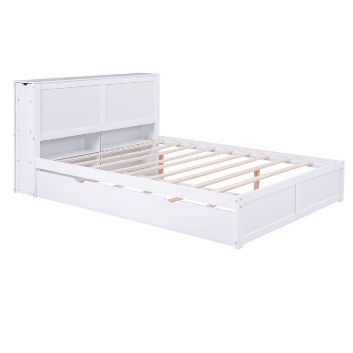 Queen Size Storage Platform Bed With Pull Out Shelves And Twin Xl Size Trundle, White