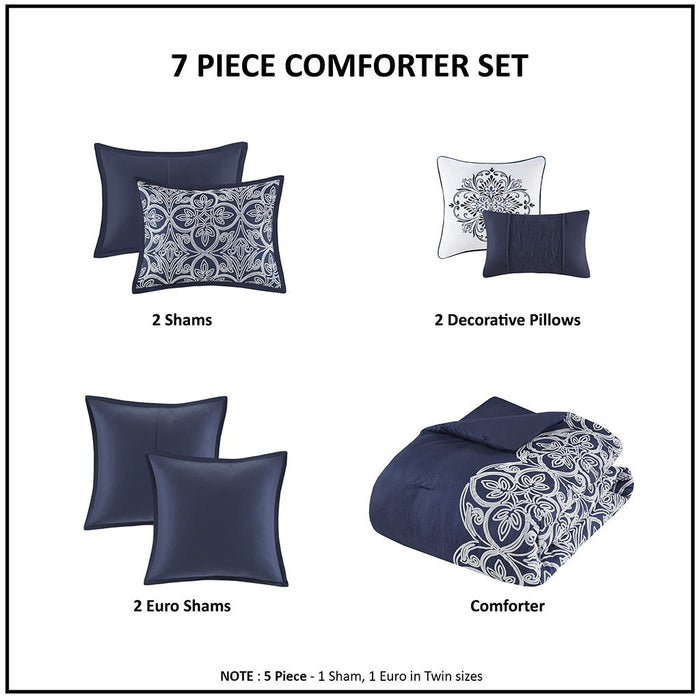 7 Piece Flocking Comforter Set With Euro Shams And Throw Pillows, Navy