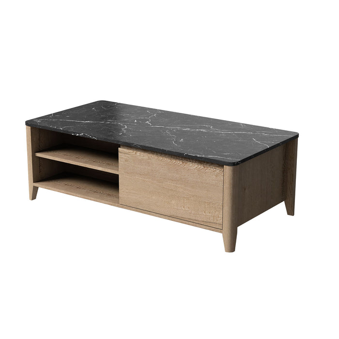 47 Inch Modern Farmhouse Double Drawer Coffee Table For Living Room Or Office, Tobacco Wood And Marble Texture