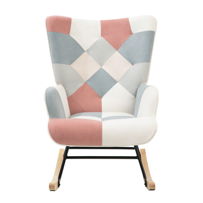 Rocking Chair With Ottoman, Mid Century Fabric Rocker Chair With Wood Legs And Patchwork Linen For Livingroom Bedroom - Pink