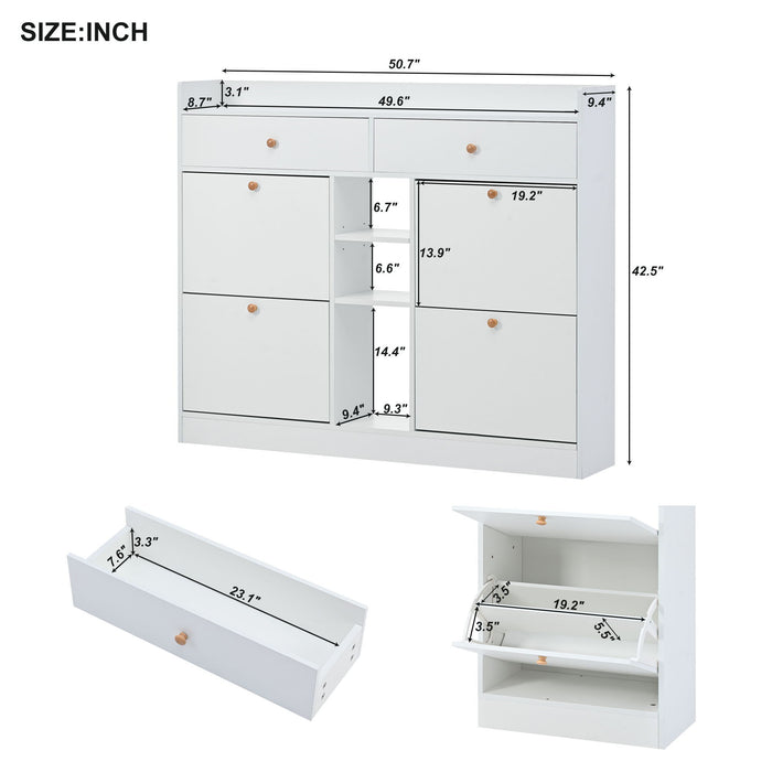 On-Trend Modern Shoe Cabinet With 4 Flip Drawers, Multifunctional 2-Tier Shoe Storage Organizer With Drawers, Free Standing Shoe Rack For Entrance Hallway, White