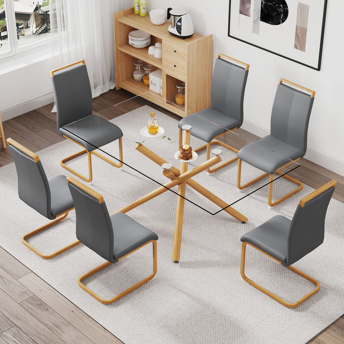 1 Table With 6 Chairs Glass Dining Table, Tempered Glass Tabletop And Wooden Metal Legs PU Leather High Backrest Cushioned Side Chair With C Shaped Chrome Metal Legs