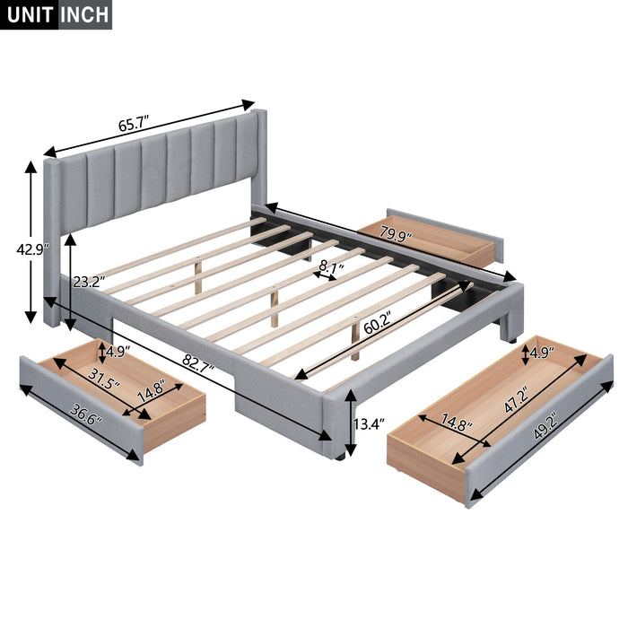 Queen Size Upholstered Platform Bed With One Large Drawer In The Footboard And Drawer On Each Side, Gray