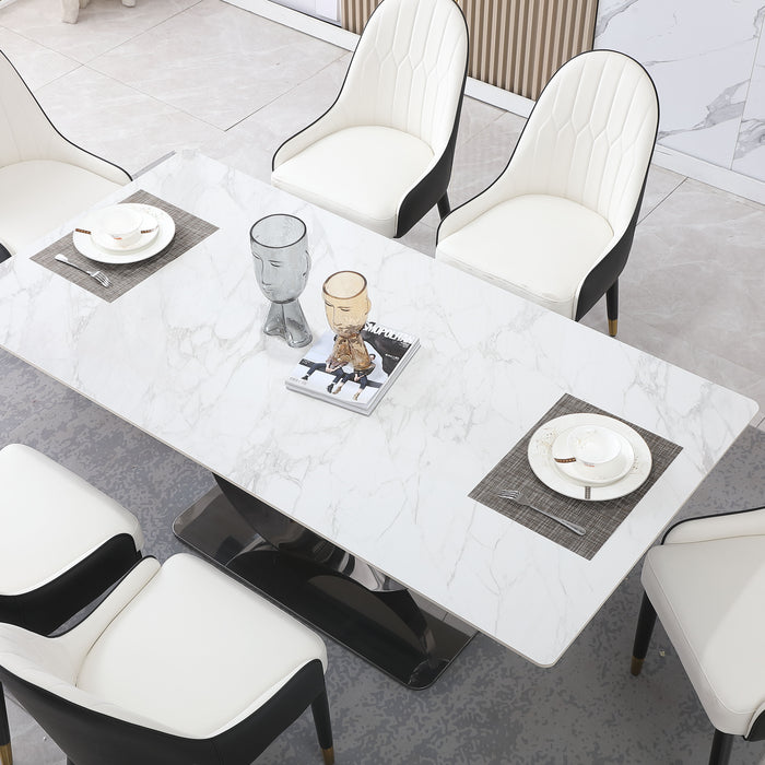 Stone Diningtable With Carrara White Color And Round Special Shape Carbon Steel Pedestal Base With 6 Pieces Chairs