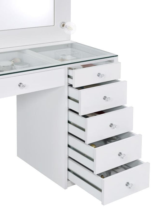 Acena - 7-Drawer Glass Top Vanity Desk With Lighting - White Unique Piece Furniture