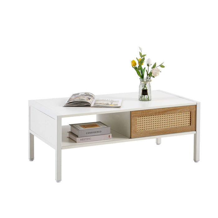 Rattan Coffee Table, Sliding Door For Storage, Metal Legs, Modern Table For Living Room, White