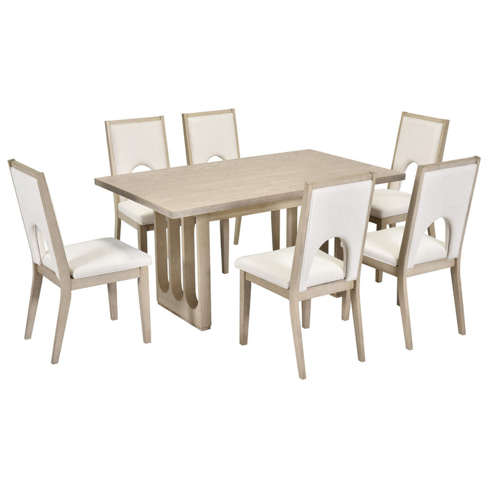 Trexm Wood Dining Table Set For 6, Farmhouse Rectangular Dining Table And 6 Upholstered Chairs Ideal For Dining Room, Kitchen (Nartural Wood Wash / Beige)