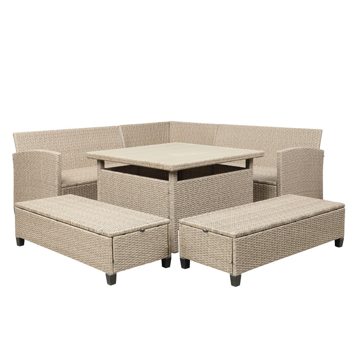 Topmax 6 Piece Patio Furniture Set Outdoor Wicker Rattan Sectional Sofa With Table And Benches For Backyard, Garden, Poolside