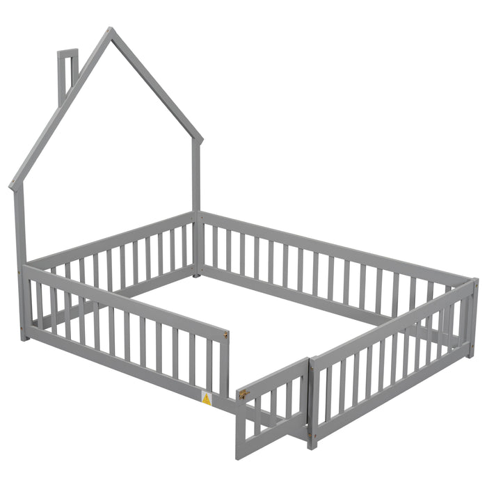 Full House - Shaped Headboard Floor Bed With Fence, Grey