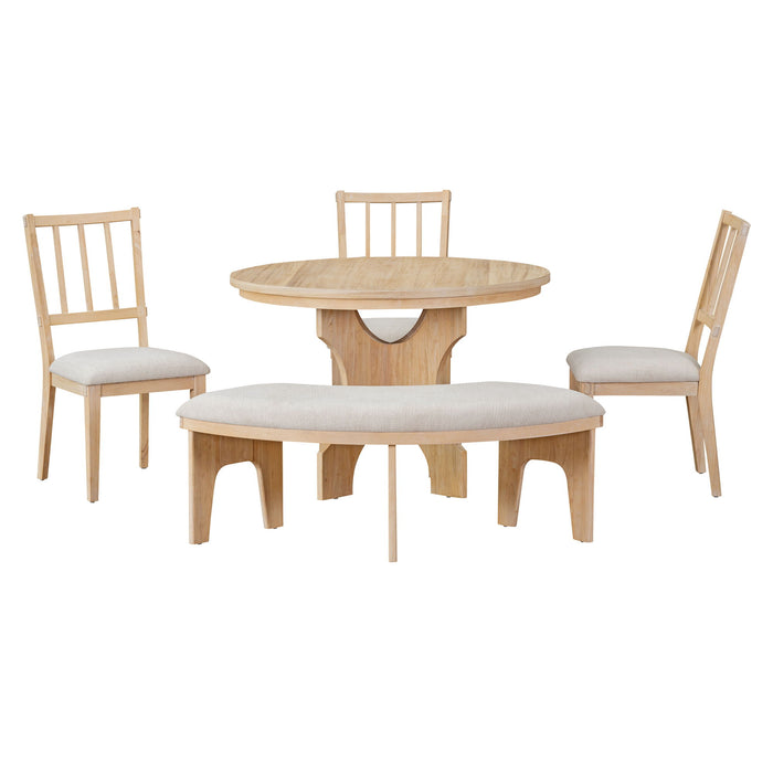 Trexm 5 Piece Dining Table Set, 44" Round Dining Table With Curved Bench & Side Chairs For 4-5 People For Dining Room And Kitchen (Natural Wood Wash)