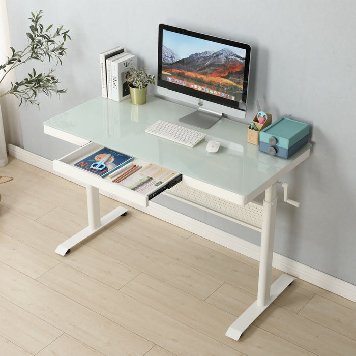 48 X 24 Inches Tempered Glass Standing Desk With Metal Drawer, Adjustable Height Stand Up Desk, Sit Stand Home Office Desk