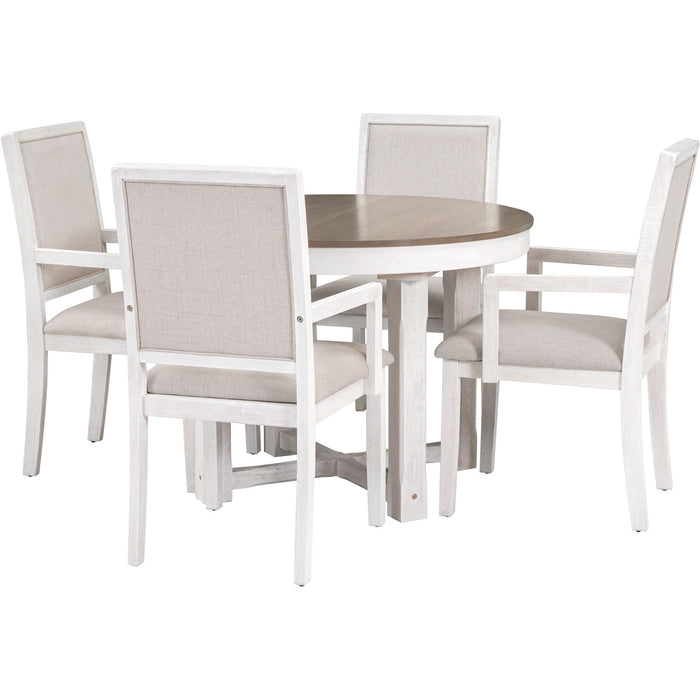 Trexm 5 Piece Dining Table Set, Two-Size Round To Oval Extendable Butterfly Leaf Wood Dining Table And 4 Upholstered Dining Chairs With Armrests (Brown / White)