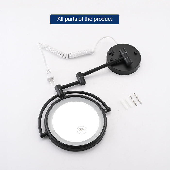 8" LED Wall Mount Two - Sided Magnifying Makeup Vanity Mirror 12" Extension Matte Black 1X / 3 Magnification Plug 360 Degree Rotation Waterproof Button Shaving Mirror - Matte Black