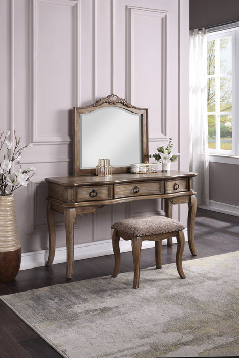 Contemporary Antique Oak Color Vanity Set Stool Retro Style Drawers Cabriole-Tapered Legs Mirror Floral Crown Molding Bedroom Furniture