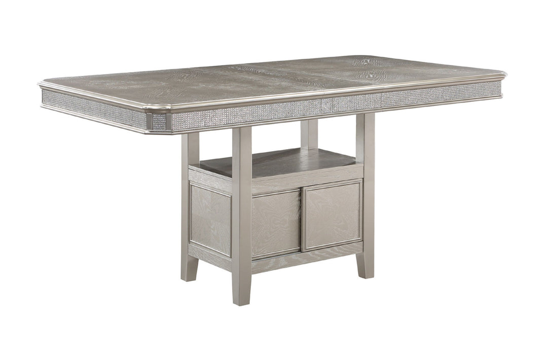Modern Glam 1 Piece Counter Height Dining Table Silver Champagne Gray Finish 12" Extension Leaf One Pedestal Shelf With Sparkling Accents Casual Dining Room Wooden Furniture
