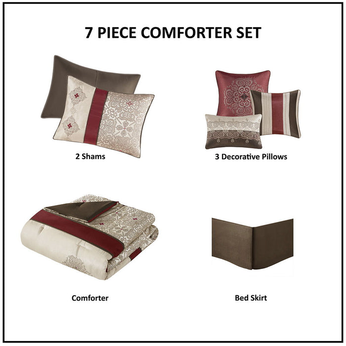 7 Piece Jacquard Comforter Set, With Throw Pillows - Red