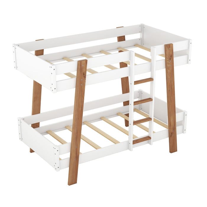 Wood Twin Size Bunk Bed With Built-In Ladder And 4 Wood Color Columns, White