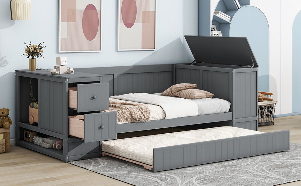 Twin Size Daybed With Storage Arms, Trundle And Charging Station, Gray