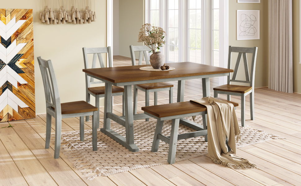 Topmax 6 Piece Wood Dining Table Set Kitchen Table Set With Long Bench And 4 Dining Chairs, Farmhouse Style, Walnut / Gray