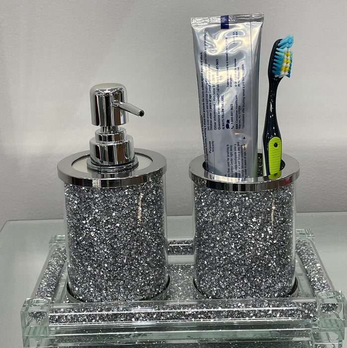 Ambrose Exquisite 3 Piece Soap Dispenser And Toothbrush Holder With Tray - Silver