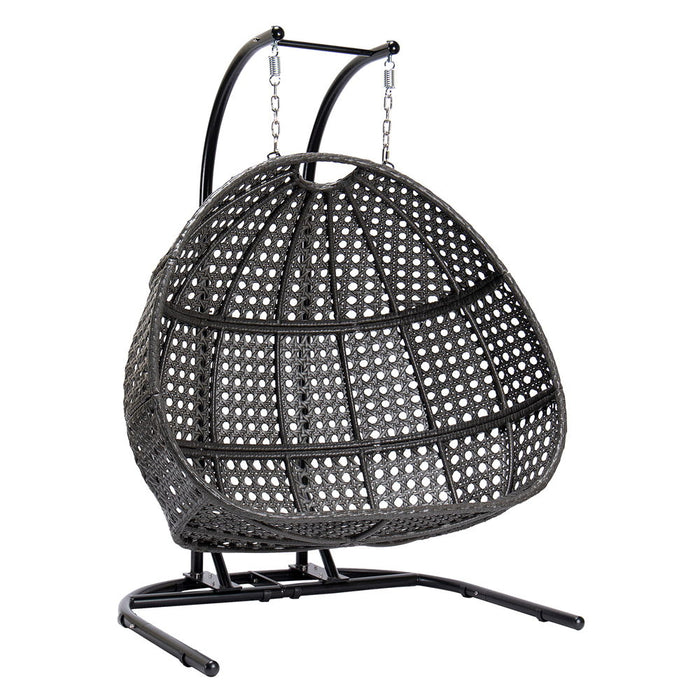 Charcoal Wicker Hanging Double Seat Swing Chair With Stand With Dust Blue Cushion
