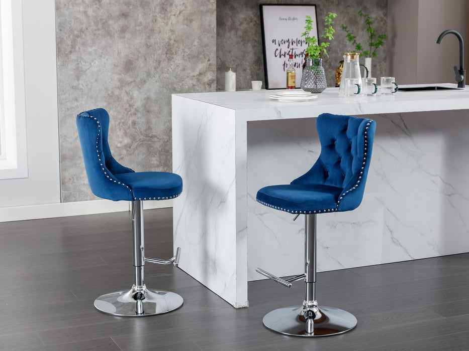 A&A Furniture, Swivel Barstools Adjusatble Seat Height From, Modern Upholstered Chrome Base Bar Stools With Backs Comfortable Tufted For Home Pub And Kitchen Island (Set of 2) - Blue