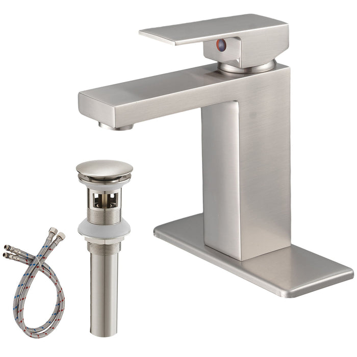 Single Hole Single Handle Low Arc Bathroom Faucet With Pop Up Drain Assembly In Brushed Nickel