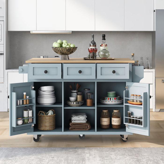 Kitchen Cart With Rubber Wood Drop - Leaf Countertop, Cabinet Door Internal Storage Racks, Kitchen Island On 5 Wheels With Storage Cabinet And 3 Drawers For Dinning Room, Grey Blue
