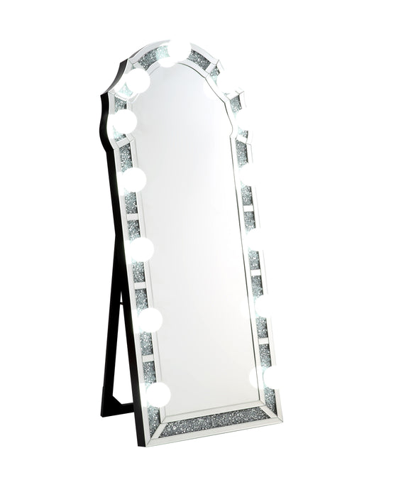 Acme Noralie Accent Floor Mirror In Mirrored And Faux Diamonds