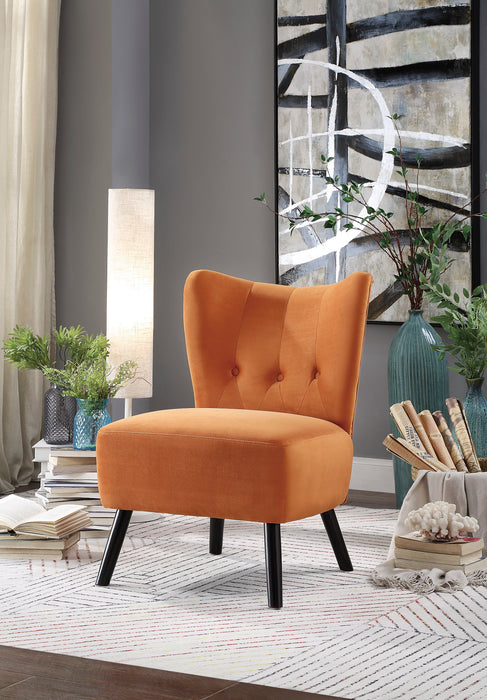 Unique Style Orange Velvet Covering Accent Chair Button Tufted Back Brown Finish Wood Legs Modern Home Furniture