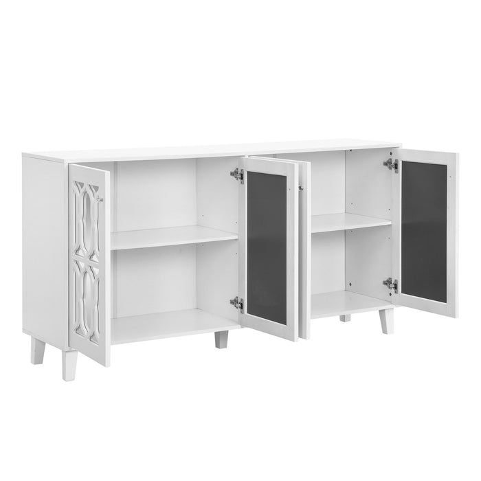 On-Trend Buffet Cabinet With Adjustable Shelves, 4 - Door Mirror Hollow - Carved TV Stand For Tvs Up To 65'', Multi-Functional Console Table With Storage Credenza Accent Cabinet For Living Room, White