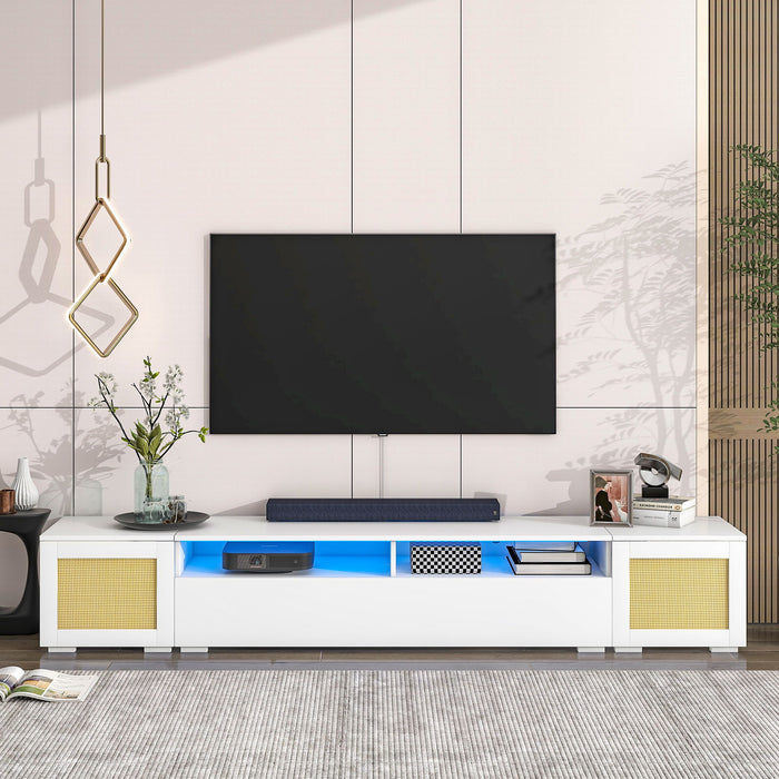 On-Trend Rattan Style Entertainment Center With Push To Open Doors, 3-Pics Extended TV Console Table For Tvs Up To 90'', Modern TV Stand With Color Changing Led Lights For Home Theatre, White