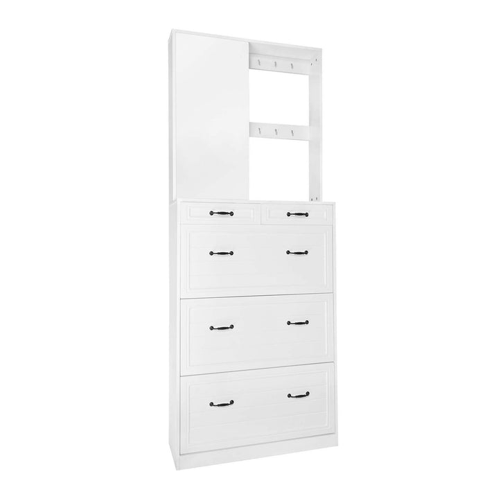 On-Trend Multi-Functional Shoe Cabinet With 3 Flip Drawers, Elegant Hall Tree With Mirror, Freestanding Entryway Organizer Shoe Rack With 6 Hanging Hooks For Hallway, White
