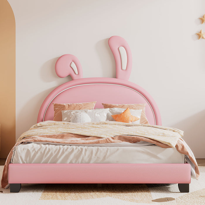 Full Size Upholstered Leather Platform Bed With Rabbit Ornament, Pink