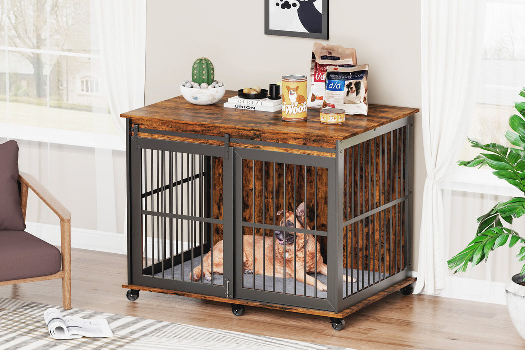 Furniture Dog Crate Sliding Iron Door Dog Crate With Mat - Rustic Brown