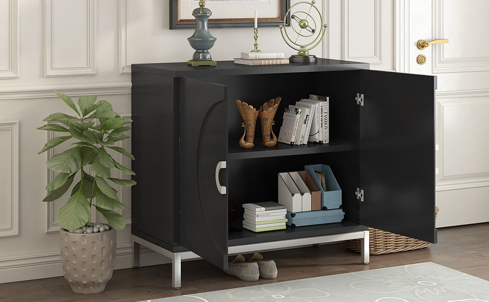 Trexm Simple Storage Cabinet Accent Cabinet With Solid Wood Veneer And Metal Leg Frame For Living Room, Entryway, Dining Room (Black)