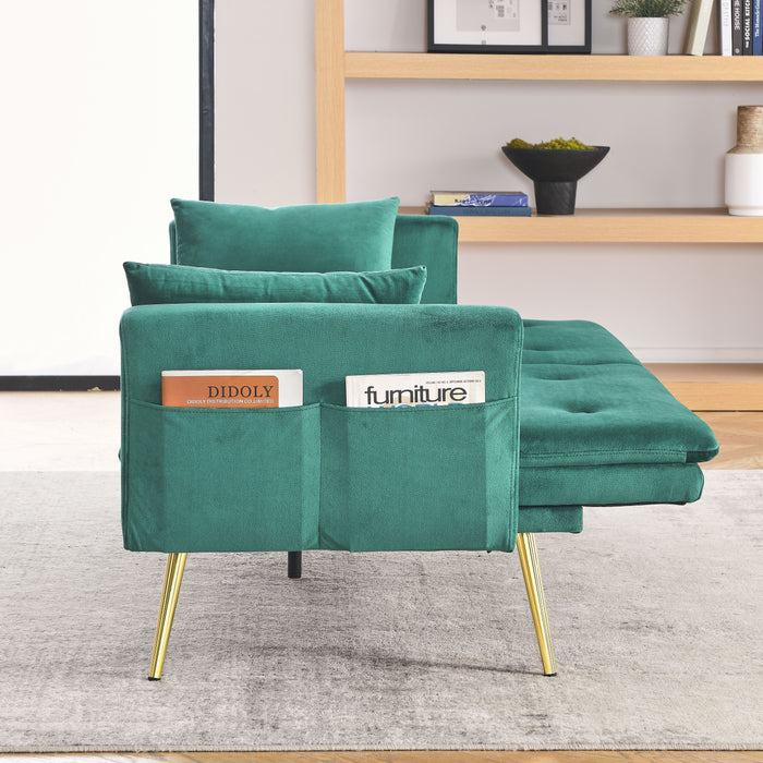Convertible Sofa Bed, Adjustable Velvet Sofa Bed - Velvet Folding Lounge Recliner - Reversible Daybed - Ideal For Bedroom With Two Pillows And Center Leg - Green