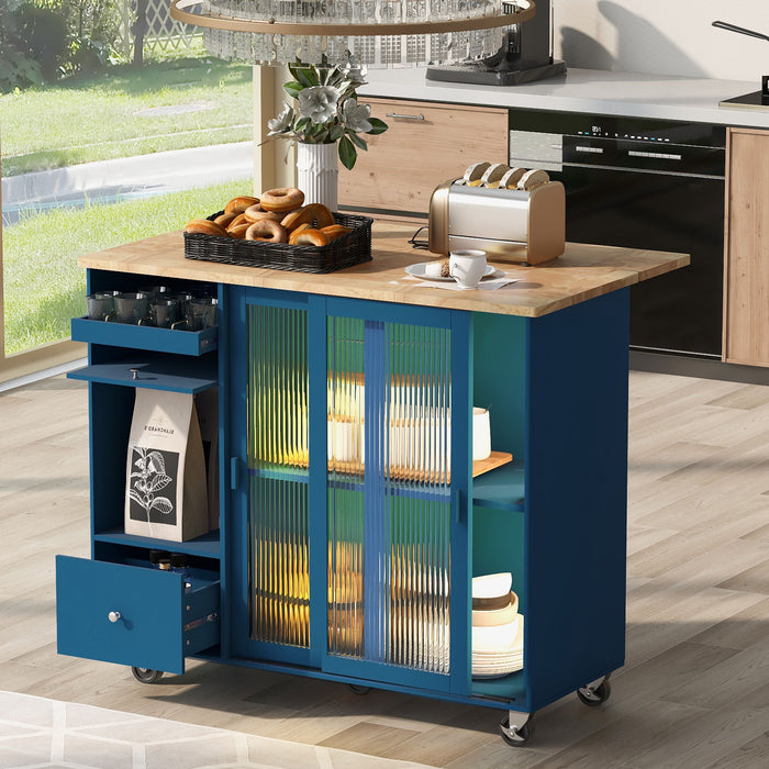 Kitchen Island With Drop Leaf, Led Light Kitchen Cart On Wheels With 2 Fluted Glass Doors And 1 Flip Cabinet Door, Large Kitchen Island Cart With An Adjustable Shelf And 2 Drawers (Navy Blue)