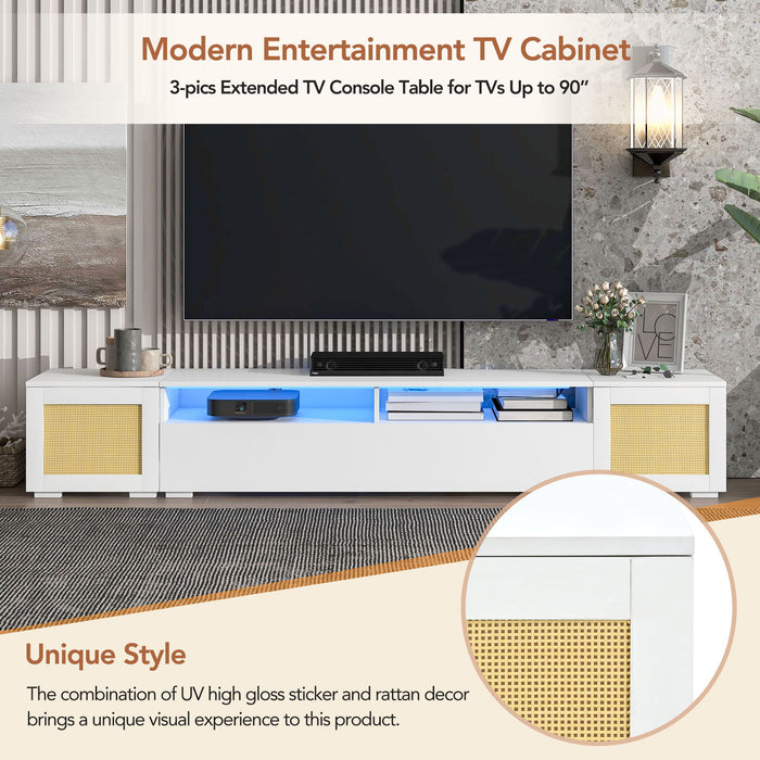 On-Trend Rattan Style Entertainment Center With Push To Open Doors, 3-Pics Extended TV Console Table For Tvs Up To 90'', Modern TV Stand With Color Changing Led Lights For Home Theatre, White