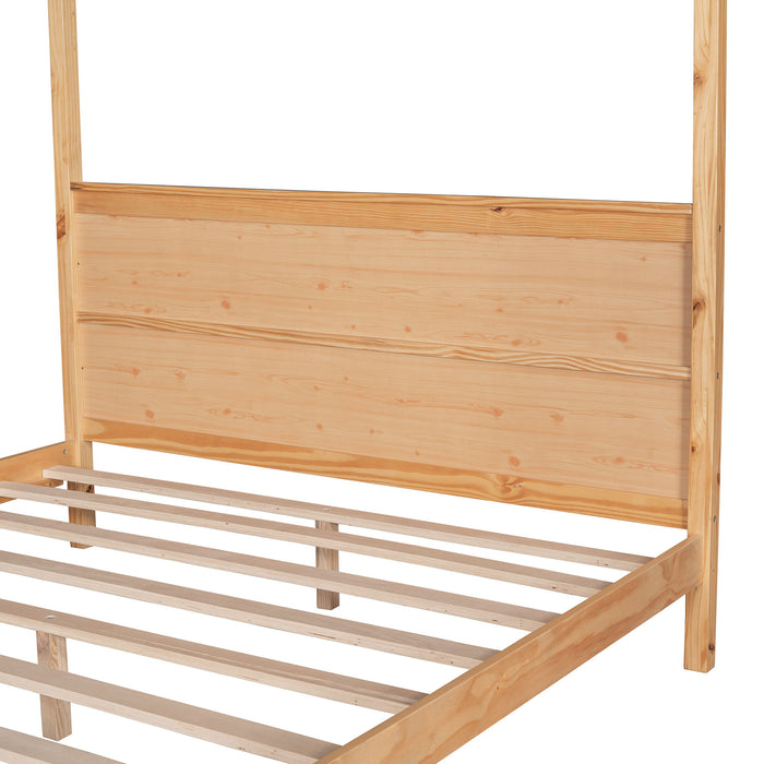 Queen Size Canopy Platform Bed With Headboard And Support Legs, Natural