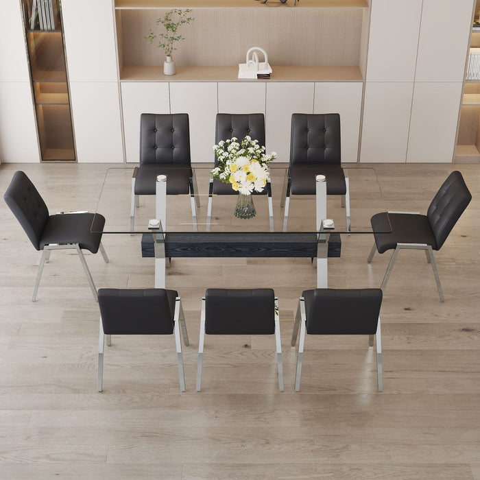 Table And Chair Set, Suitable For Home And Office Use Glass Desktop With Silver Metal Legs And MDF Crossbar, Paired With Black Checkered Armless High Back Dining Chairs (1 Table And 8 Chairs)